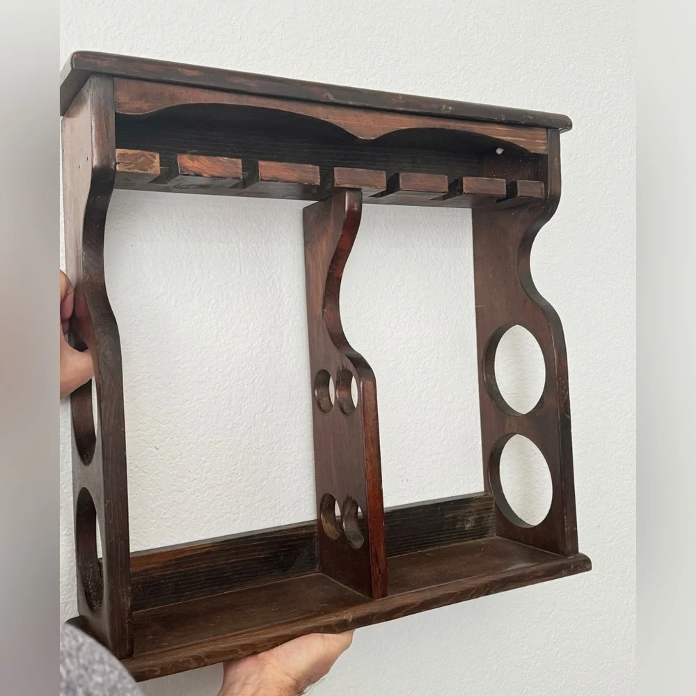 vintage wall-mounted wooden wine and stemware Bottle / 6 Glass Wine Rack / Shelf